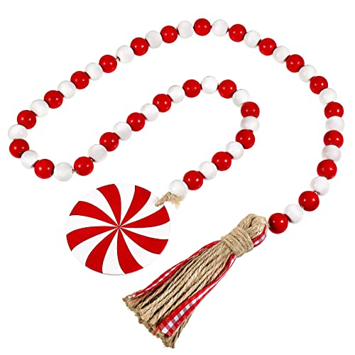 Christmas Wooden Bead Wreath with Tassels, Decorated with Candy Pendant, Wood Bead Garland Wreath for Christmas Decorations, Farmhouse Wall Hanging Ornaments (Red, White, 3.15 x 3.15 Inch)
