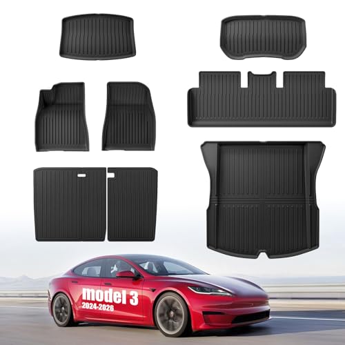 Abvesi Custom Fit Floor Mats for Tesla Model 3 2024 2025 2026 Highland 5-Seater All Weather TPE Waterproof Odorless Car Mats Set with Rear Seat Back Protector Interior Accessories (7PCS)