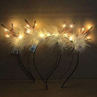 Simsly Christmas LED Light up Antlers Headbands Glowing Feathers Headband Xmas Hair Bands Party Decorative for Women Girls Kids Adult 2PCS
