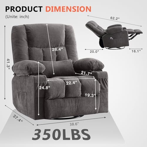 Image of Swivel Rocker Recliner Chair with Vibration Massage and Heat Ergonomic Lounge Chair for Living Room with Rocking Function and Side Pocket, 2 Cup Holders, USB Charge Port