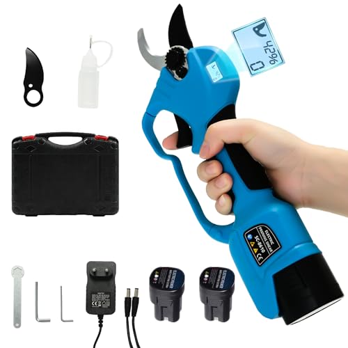 SUCA Electric Pruning Shears for gardening, LCD Cordless Pruner Shears with 2 Pack 21V 2.0Ah Battery, SK5 Blades Tree Branch Cutter -28mm(1.1 Inch) Cutting Diameter Clipper