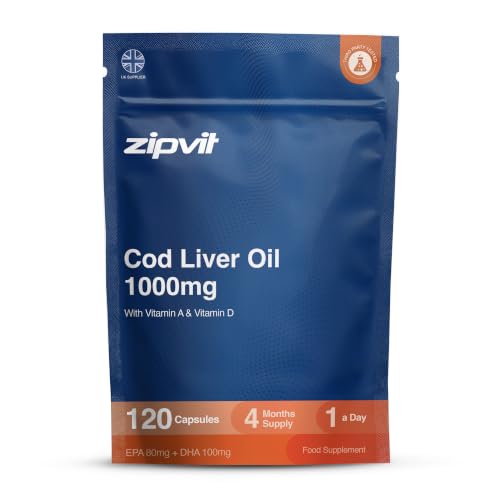 Zipvit Cod Liver Oil 1000mg, 120 Softgel Capsules, Rich in Omega-3, EPA 80mg & DHA 100mg. with Vitamins D3 & A to Support Heart, Brain, Eye Health & Immune System