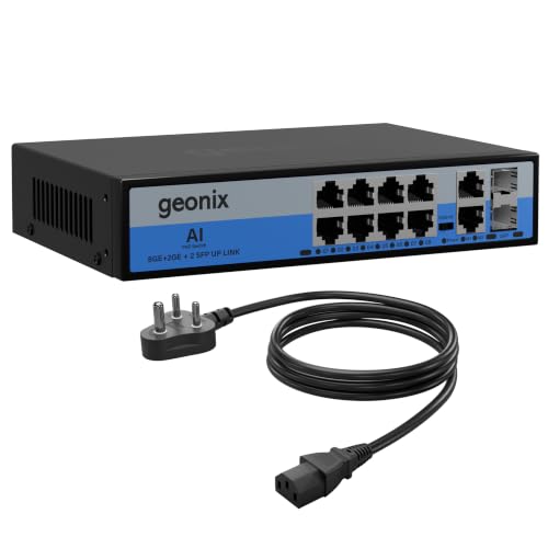 Image of Geonix 8-Port Gigabit PoE Switch with 2 Gigabit Uplink RJ45 + 2 SFP Slots, 150W PoE Budget, IEEE 802.3af /at, Unmanaged Ethernet Network Switch for CCTV, IP Cameras, NVR, Access Points, Metal Body