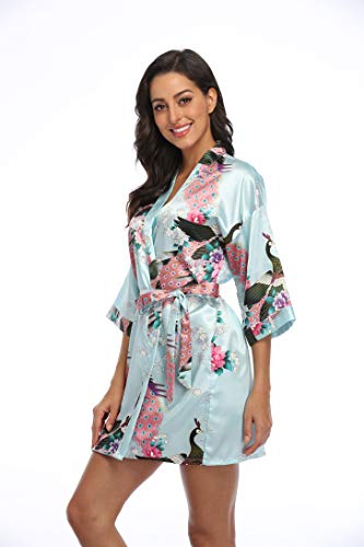 Short Robes for Women Satin Bathrobe with Peacock and Blossoms Printed 1920s Kimono Nightgown, Light Blue X-Large - Thumbnail 3
