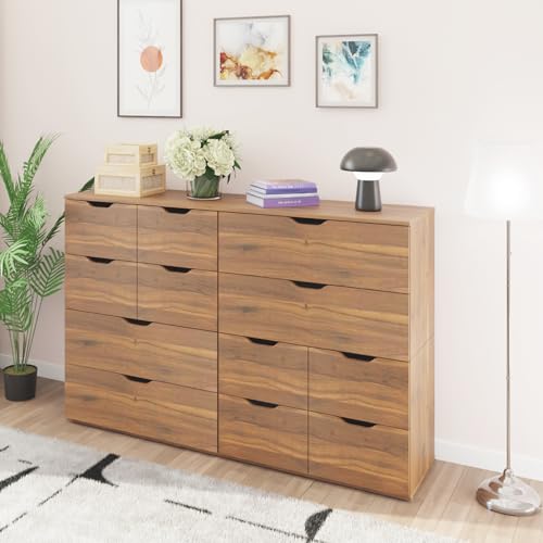 Image of VIKI Dresser | Big Drawer Unit, Varnik Chest of 12 Drawers,Clothes Storage, Organizer Unit for Bedroom, Hallway, Easy Pull Drawers, (Brussel Walnut - 44D x 160W x 106H) | 1 Year Warranty