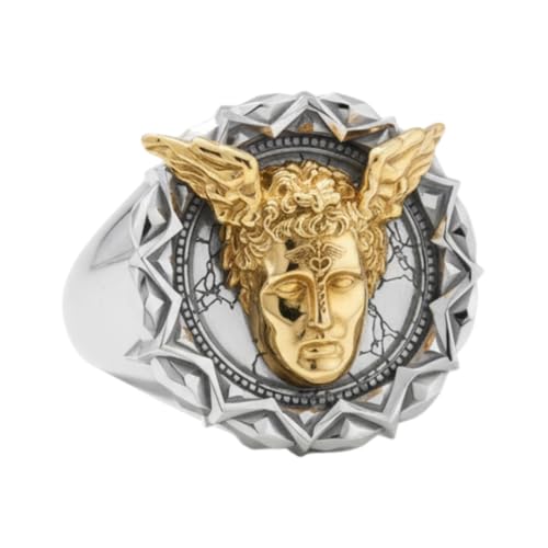 SilversByAule Two-Tone 925 Sterling Silver Hermes Ring - Greek Mythology Signet Statement Jewelry - Artisan Winged God Mercury Design Unisex Adult