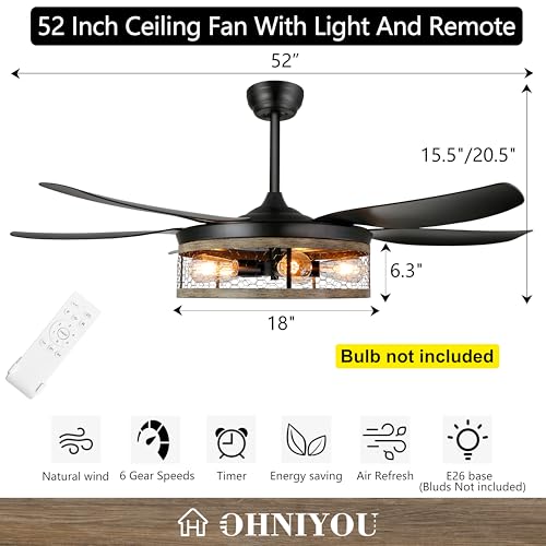 Ohniyou Farmhouse Ceiling Fan with Lights and Remote,52 inch Rustic Ceiling Fan with Caged Light Fixture, Retro Black Outdoor Ceiling Fans for Patio,Living Room,Dining Room,Bedroom by Ohniyou - Image 3