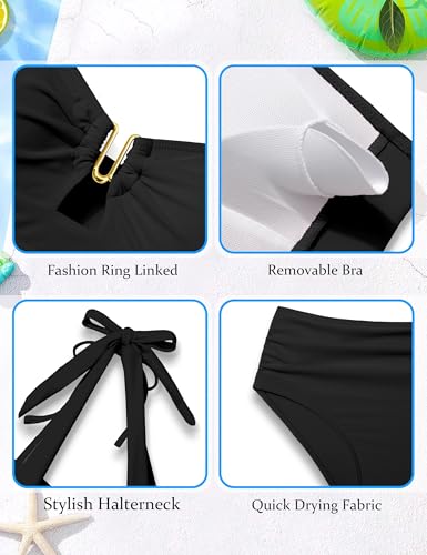 Image of BAVADER Girls Swimsuit 2 Piece Halter Bikini Set V-Neck Cutout Solid Bathing Suit Padded High Waisted Swimwear 9-16Y