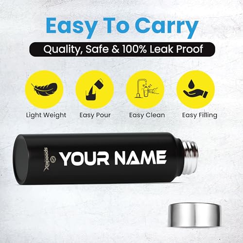 Image of Speedex Customised Stainless Steel Water Bottle 1 Ltr with Name - Personalised Engraved Screw Cap Bottle for Kids, Men & Women, School, Gym, Office Black, Set of 1