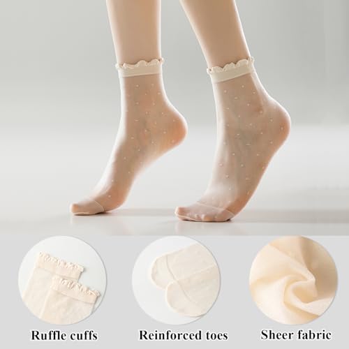Mcool Mary 12 Pairs Women's Sheer Ruffled Socks Frilly Ankle High Nude Nylon Stocking Ultra Thin Cool Silk Socks for Women2