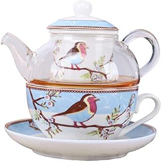 fanquare Pink Robin Birds and Flowers Tea for One Set, Ceramic Tea Cup and Saucer Set with Glass Teapot, Blue