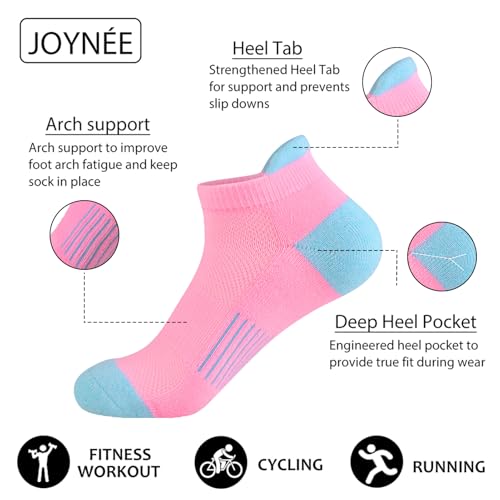 JOYNÉE Womens Ankle Athletic Low Cut Tab Socks Cushioned Running Sports 6 Pack3