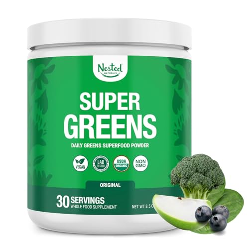Nested Naturals Super Greens Daily Superfood Powder - Certified USDA Organic Green Powder w/20+ Whole Foods, Spirulina Powder,Wheat & Barley Grass - Probiotics, Fiber & Enzymes - Original Flavour, 30