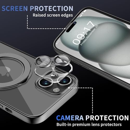 Image of Magnetic for iPhone 15 Plus Case with Invisible Stand[Compatible with MagSafe][Full Camera Lens Protector][Military Drop Protection] Shockproof Not Yellowing Clear Slim Soft for Women Men