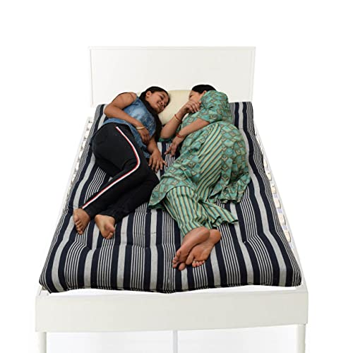 Image of NEXTGO Mattress Double Bed Size 4 X 6 Feet | Soft White Cotton Fibre Foldable Floor Mattress with 1 Filled Pillow | Guest, Travel, Bachelor, PG, Hostel Use Tufted Ruyi Gaddi | Blue White Lining