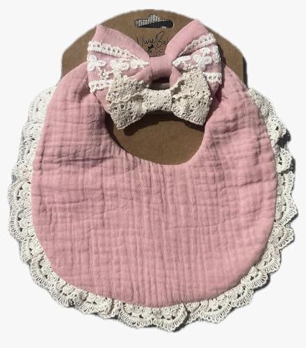 Image of Baby Girl Gift Set, Muslin BoHo Bib with Lace and Matching Bows for Newborn, Infant, Toddler Use for heat transfer vinyl and embroidery projects (Dusty Pink)