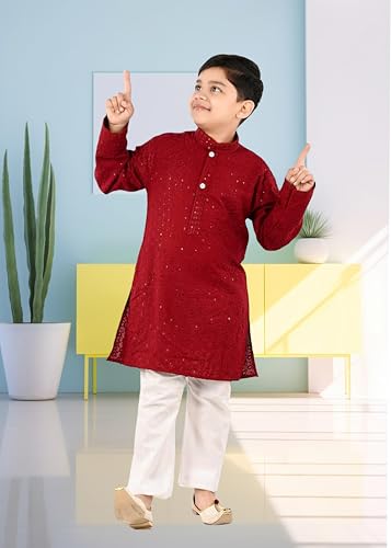 Image of Traditiona Kurta with White Pajama Set, Kids Ethnic Wear, Cotton Blend