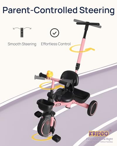 Image of KRIDDO 2-in-1 Tricycle for Toddlers 1.5-5 Years, Push Tricycle with Parent Steering Detachable Handle, 9-Stage Adjustable Handlebar, Toddler Trike with Safety Belt, Clutch Pedals & Dual Basket, Pink