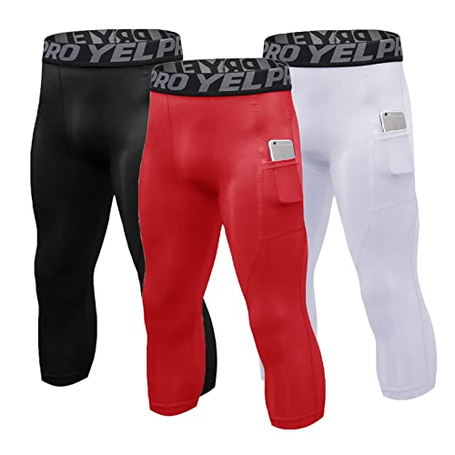 Men's 3/4 Compression Pants, Capri Leggings with Pocket, Athletic Basketball Tights, Sport Running Dry Fit Gym Base Layer