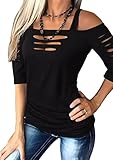 Cut Out Cold Shoulder T-Shirt Women Lacerated Sleeve Shirt Hollow Out Square Collar Casual Blouse Summer Rock Tee Tops(Large,Black)