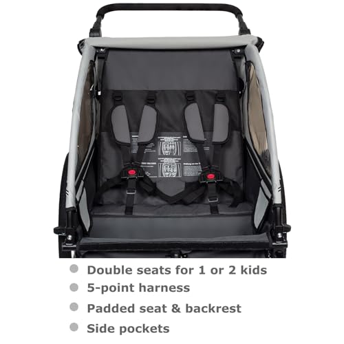 Tiggo VS Kinderanhänger 360° Drehbar mit Federung 2in1 Fahrradanhänger mit Buggy Set Jogger 5-Punkt Gurt Fahrrad Anhänger für 1 bis 2 Kinder max. 40kg (Grau)