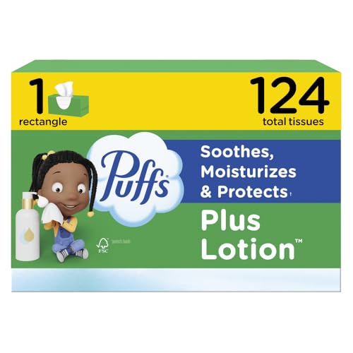 Puffs Facial Tissues Plus Lotion, 1 Family Rectangle Box, 124 Facial Tissues per Box, Allergies and Colds (Packaging May Vary)