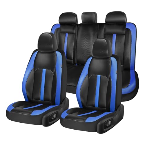 Image of Coverado Leather Car Seat Covers Full Set & Carbon Fiber, Waterproof and Durable All Weather Protector, Universal Fit for SUV, Pickup Truck, Sedan, Automotive Vehicle Interior, Black&Blue