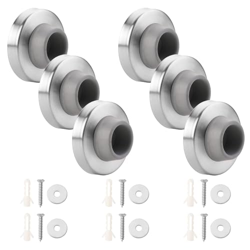 6pcs Concave Wall Door Stopper Bumper Door Stop Wall Mount Protector Stainless Round Rubber Handle Stoppers Knob Prevent Door Handle Damage Shield Walls (Grey)