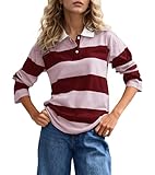 Burtell Fall Striped Polo Long Sleeve Shirts for Women Casual Button Lapel V Neck Color Block Tops Vintage Rugby Shirt Blouse Red Pink