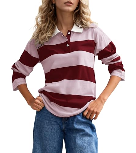 Burtell Fall Striped Polo Long Sleeve Shirts for Women Casual Button Lapel V Neck Color Block Tops Vintage Rugby Shirt Blouse Red Pink