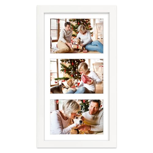 Golden State Art, 8.5x16.3 White Wood Frame - White Mat for Three 5x7 Pictures - Wall Mounting - Landscape/Portrait - Real Glass - Collage Frame