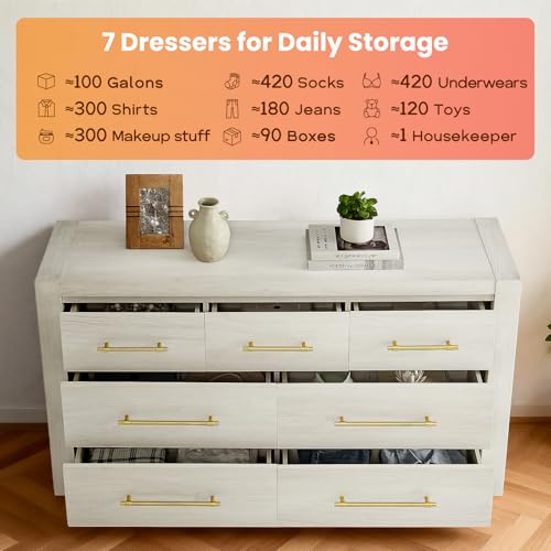 Image of 7 Drawer Dresser for Bedroom, 57.4 inch Wide Modern Chest of Drawers, Wooden Large Storage Cabinet with Sturdy Construction, TV Stand for Living Room, Hallway, Dining Room, Office (Cream White)