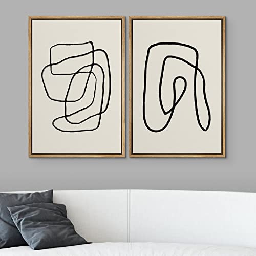 Signwin Framed Wall Art Print Set Black Lines Over Tan Plain Background Abstract Swirly Cozy Neutral Modern Art Mid-Century Modern Expressive For Living Room, Bedroom, Office - 16"X24"X2 Panels #TOP2