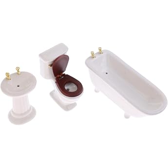 Fenteer 1/12 Doll's House Bathroom Furniture - Mini Bathtub + Sink + Toilet - 3 Pieces/Set