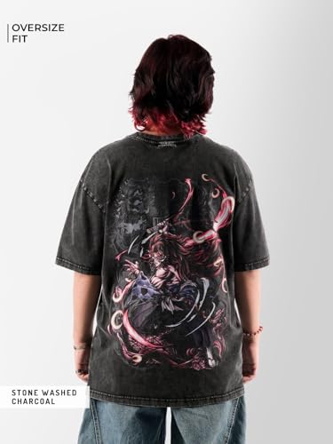 Image of ComicSense.xyz Unisex Anime Oversized Stone Washed T-Shirt for Men & Women, 220 GSM Upper Moon One Printed Drop Shoulder Anime T-Shirt