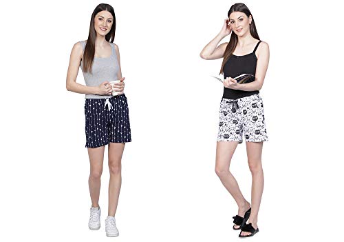 Image of Club A9 Women's Regular Fit Cotton Printed Shorts (Navy Blue, White)