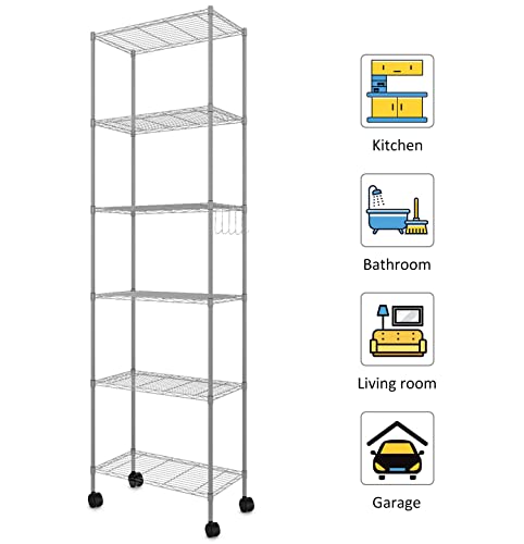 Devo Shelves For Storage Rolling Wire Rack, Shelf With Wheels Shelving Units And Storage, Metal Standing Shelves, 21" L * 11" W * 63" H, Silver #TOP6