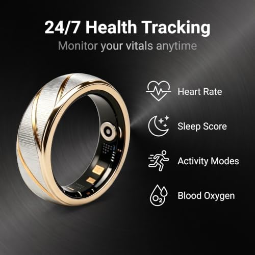 QAZITV Smart Ring Fitness Tracker for Women Men, 24/7 Health Monitor(Heart Rate/Blood Oxygen/HRV/Stress/Women Cycle/Sleep) IPX8 Waterproof Stylish Look No APP Subscription Fee (Gold, 8#) — view 2