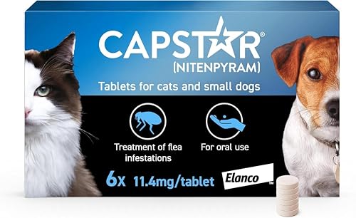 Capstar Flea Tablets Fast Acting Flea Treatment For Cats & Small Dogs (1kg - 11kg) 6 x 11.4 mg Tablet Starts Working In 15-30 Mins Kills Adult Fleas In 6 Hours Fuss Free Edible Tablets
