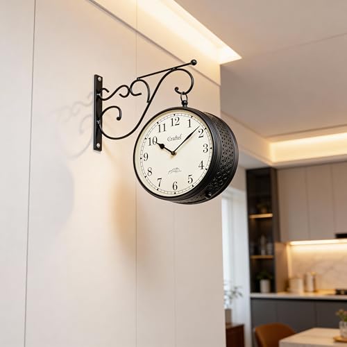 Image of CRAFTEL Double Sided Station Wall Clock Powder Coated Finish | Both Side English Numerals | Aluminum Matte-Finish Dial Brass Body | Dial - 8 Inches, Matte Black | 365 Days Warranty