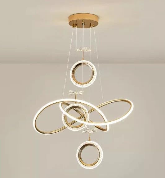 Image of Smart Modern Ring Pendant Light - Gold Finish Circular LED Chandelier with Crystal Design, 3-Color Changing Light for Living Room, Dining Room, Bedroom & Office