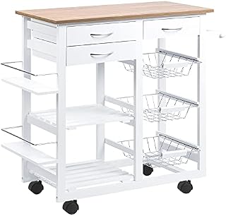 HOMCOM Rolling Kitchen Island on Wheels Trolley Utility Cart with Spice Racks, Towel Rack, Baskets & Drawers for Dining Room