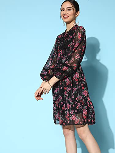 Image of ishin Women's Chiffon Black Lurex Embellished A-Line Belted Dress