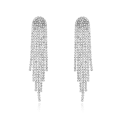 Rhinestone Earrings Dangling for Women Chandelier Statement Tassel Earrings Girls Silver Sparkly Drop Cubic Zirconia Crystal Earrings Long Dangle Costume Jewelry