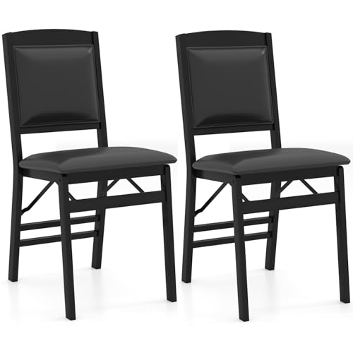 TANGZON Folding Chairs Set of 2/4, Rubber Wood Padded Dining Chairs with Backrest, Home Kitchen Guest Conference Office Upholstered Seats (PVC Leather Seat, Padded Back, 2PCS, Black)