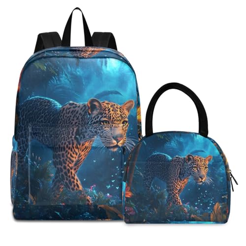 Backpack Lunch Box Set Large Capacity Travel Backpacks and Insulated Lunch Bag for Commute Hiking Picnic Night Leopard Print