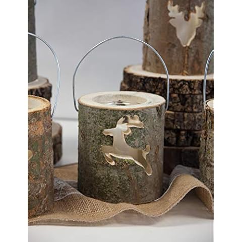 Christmas Rustic Wooden Log Lantern with Candle Holder Cover