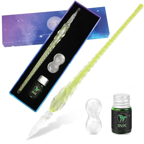 Stylo à encre en verre Luxiv vert avec son porte-stylo élégant pour l'écriture