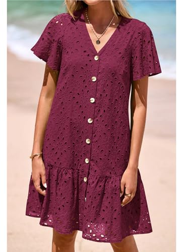 Image of KIRUNDO Eyelet Dresses for Women Button Down Mini Babydoll