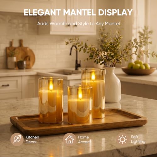 Image of Homemory Rechargeable Amber Glass Flameless Candles with Remote Timer, 3 Pack